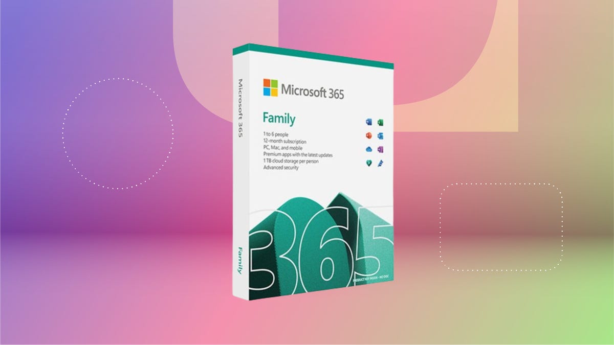 Microsoft 365 family subscription box against colorful gradient background