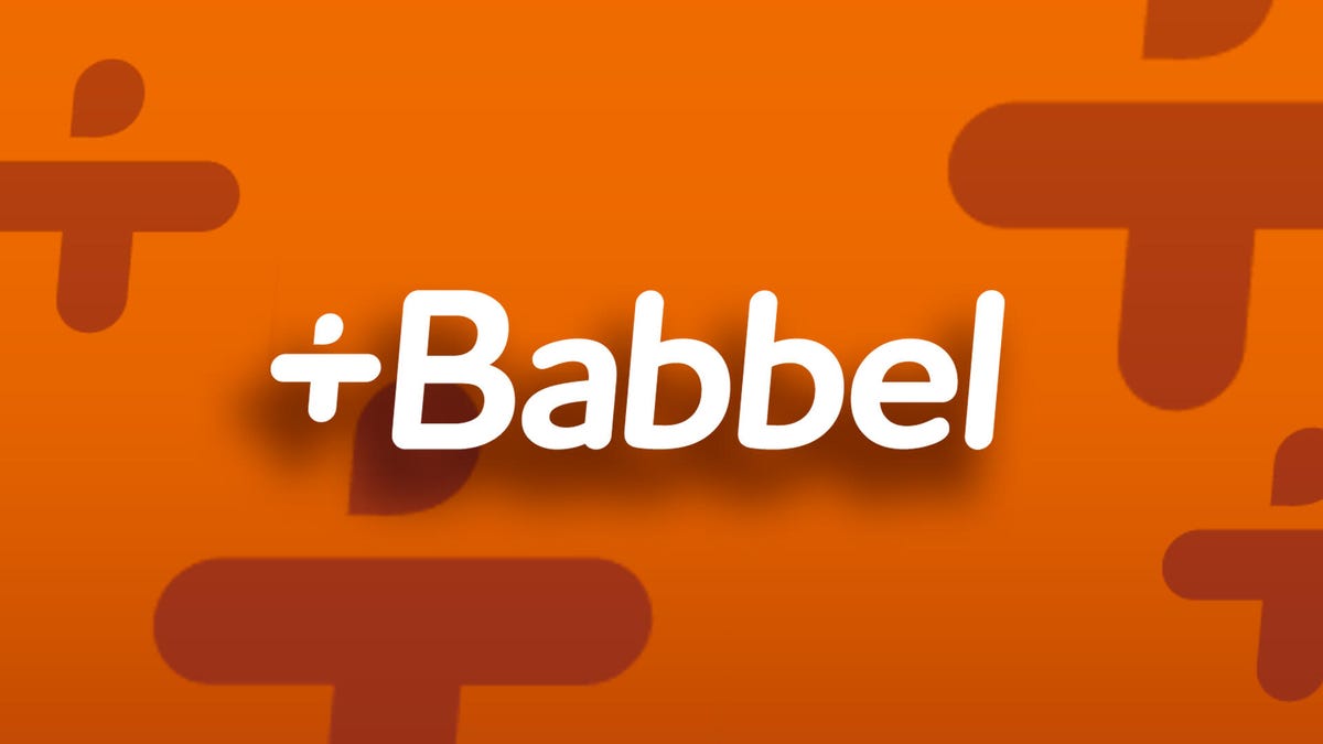 white Babbel logo on an orange background with the babbel logo mark pattern.