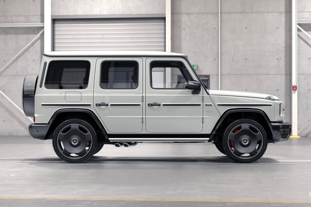 Side view of a white Mercedes-AMG G63 showing new monoblock wheels