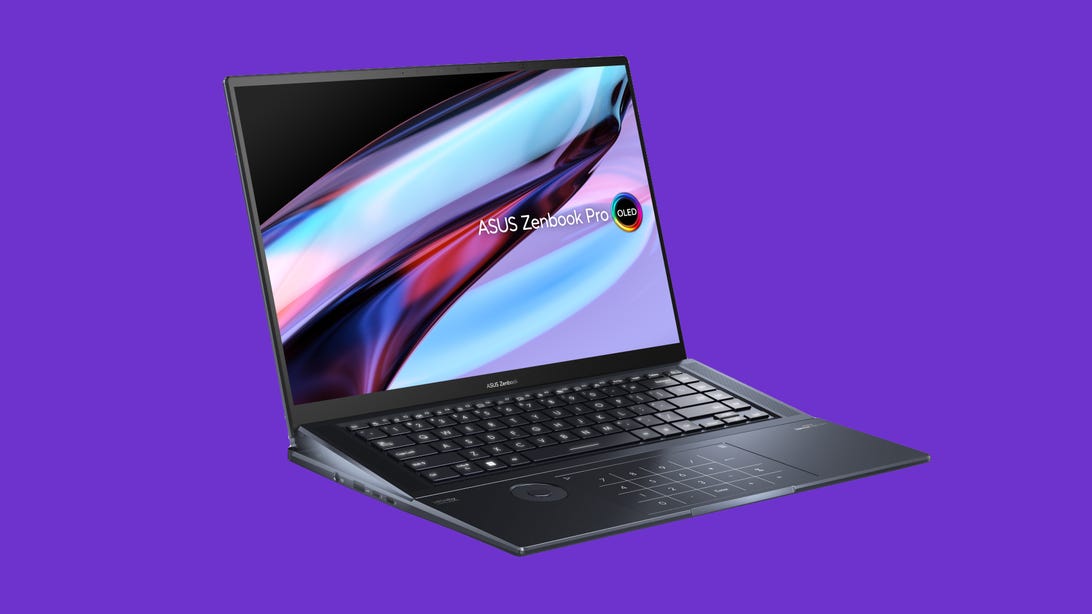 An Asus Zenbook Pro 16X against a purple background