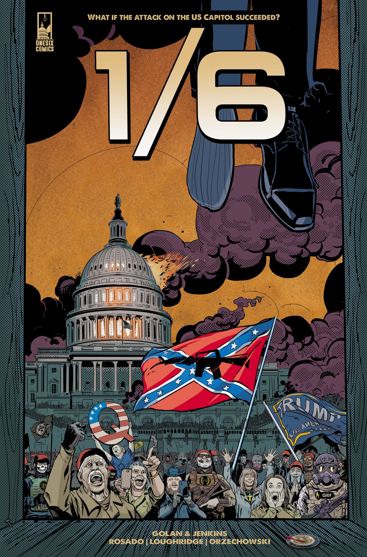 Graphic novel cover 1/6 shows rioters at the United States Capitol waving a Confederate flag