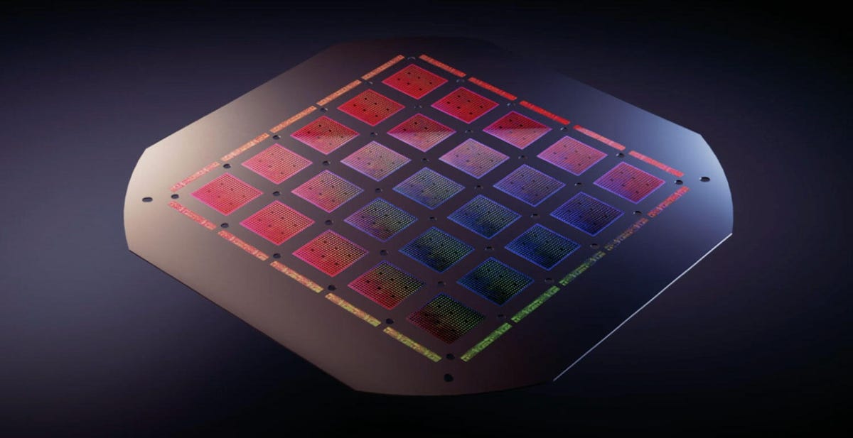 An illustration shows a 5x5 grid of colorful D1 chips that Tesla uses for AI training