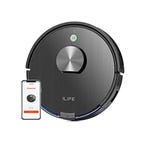 The A10 Lidar robot vacuum from ILIFE is displayed against a white background with a phone displaying the app for scheduling cleanings and other settings.
