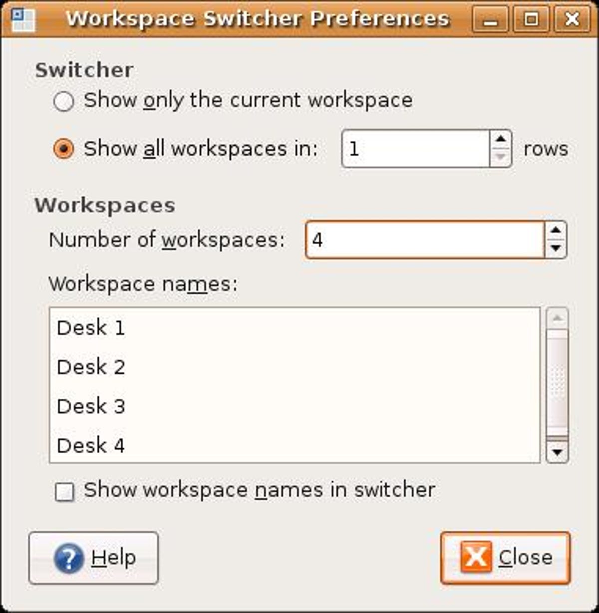 The Gnome Workplace Switcher Preferences dialog box