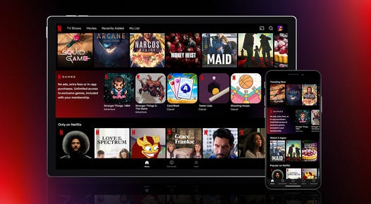 A picture shows the new user interface of Netflix's app with a games row