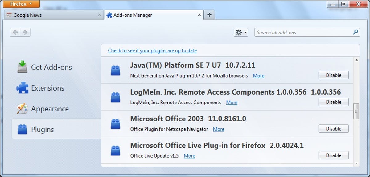 Firefox Add-on Manager's Plugins screen