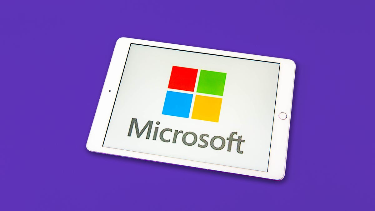 Microsoft logo on a tablet against a purple background