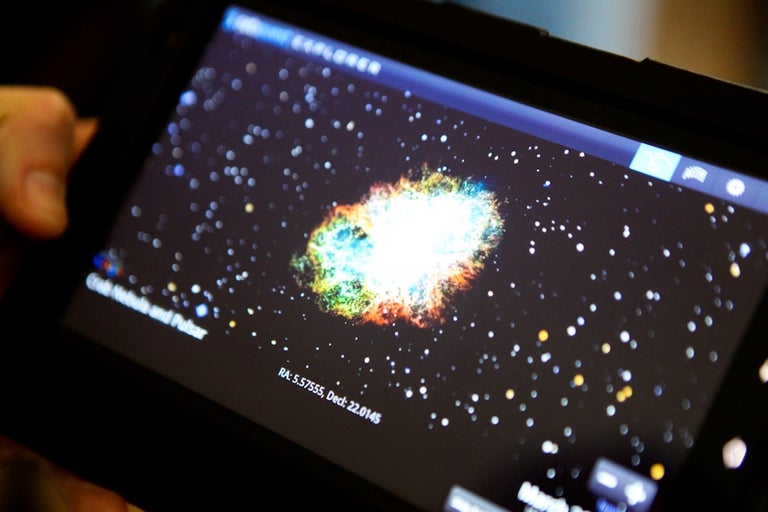 The app displays the target source of radio signals in Google Sky.