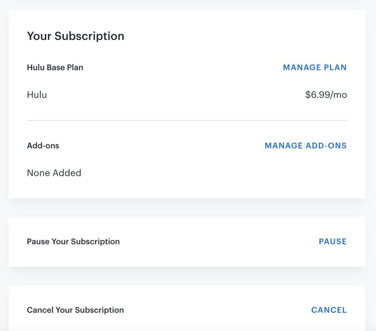 a screen showing the current Hulu subscription with a button letting the user "manage plan."