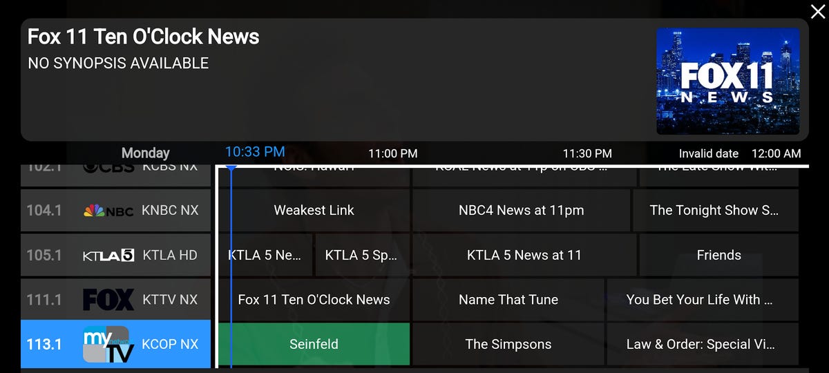 A screenshot of the channel guide of the HDHomeRun app.