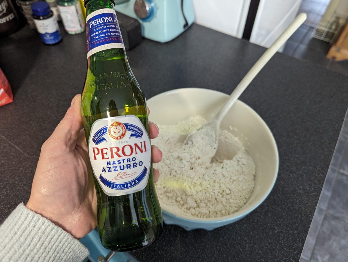 peroni in front of dough mixture