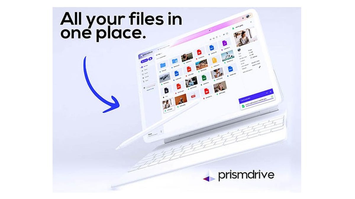 A computer displaying Prism Drive's cloud storage service with the label "All your files in one place."