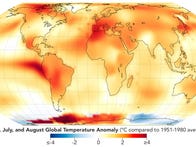 <p>A global temperature anomaly map for summer 2023 shows how much warmer or cooler different areas were compared to a baseline average from 1951 to 1980.</p>