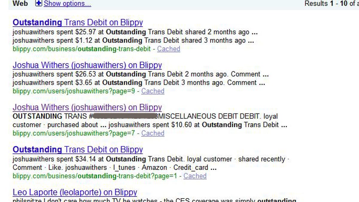 Blippy user credit card findable through Google