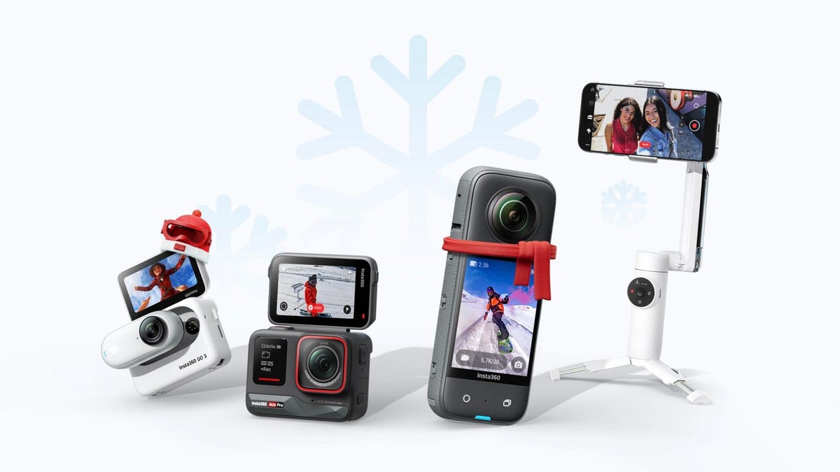 A collection of Insta360 cameras with bows against a white background with snowflakes.