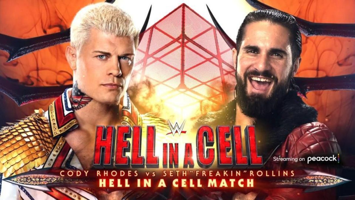 A graphic for Cody Rhodes vs. Seth Rollins.