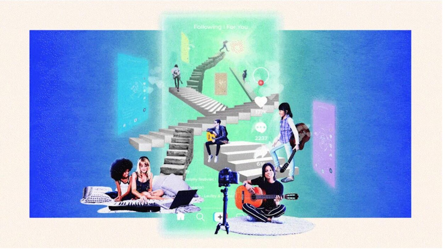 Illustration showing young musicians with guitars and keyboards, plus stairs indicating ascent toward musical success