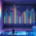 A wall of bright lights that look like music equalizers