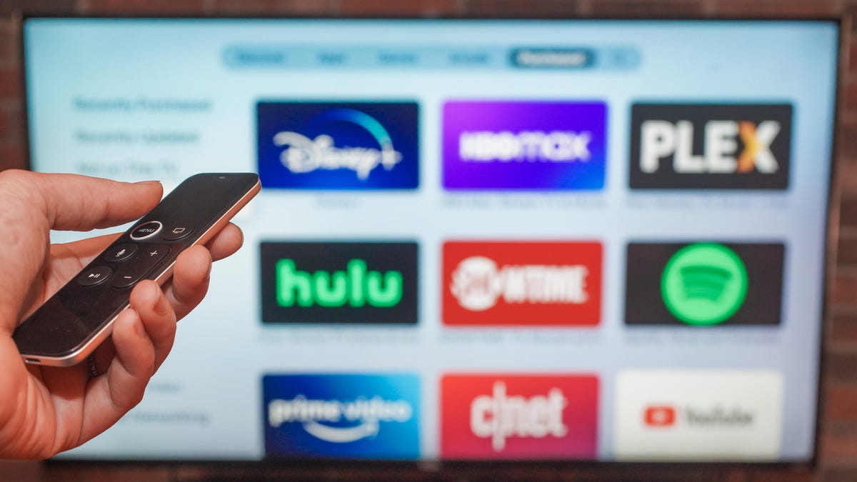 Hand holding a remote aimed at a TV with various streaming services to choose from