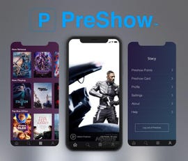 Three screen captures show the design of PreShows app