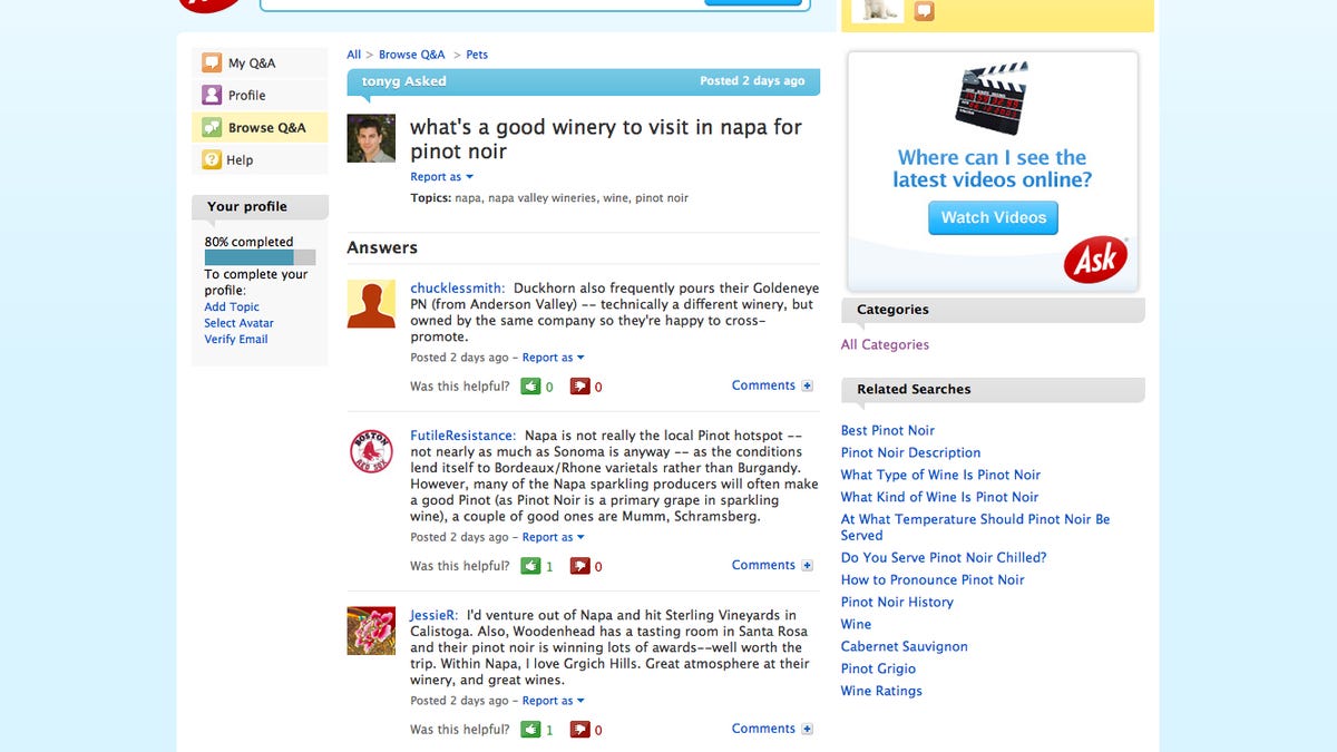 The interface for Ask.com's new answers page, rolling out slowly to its users.