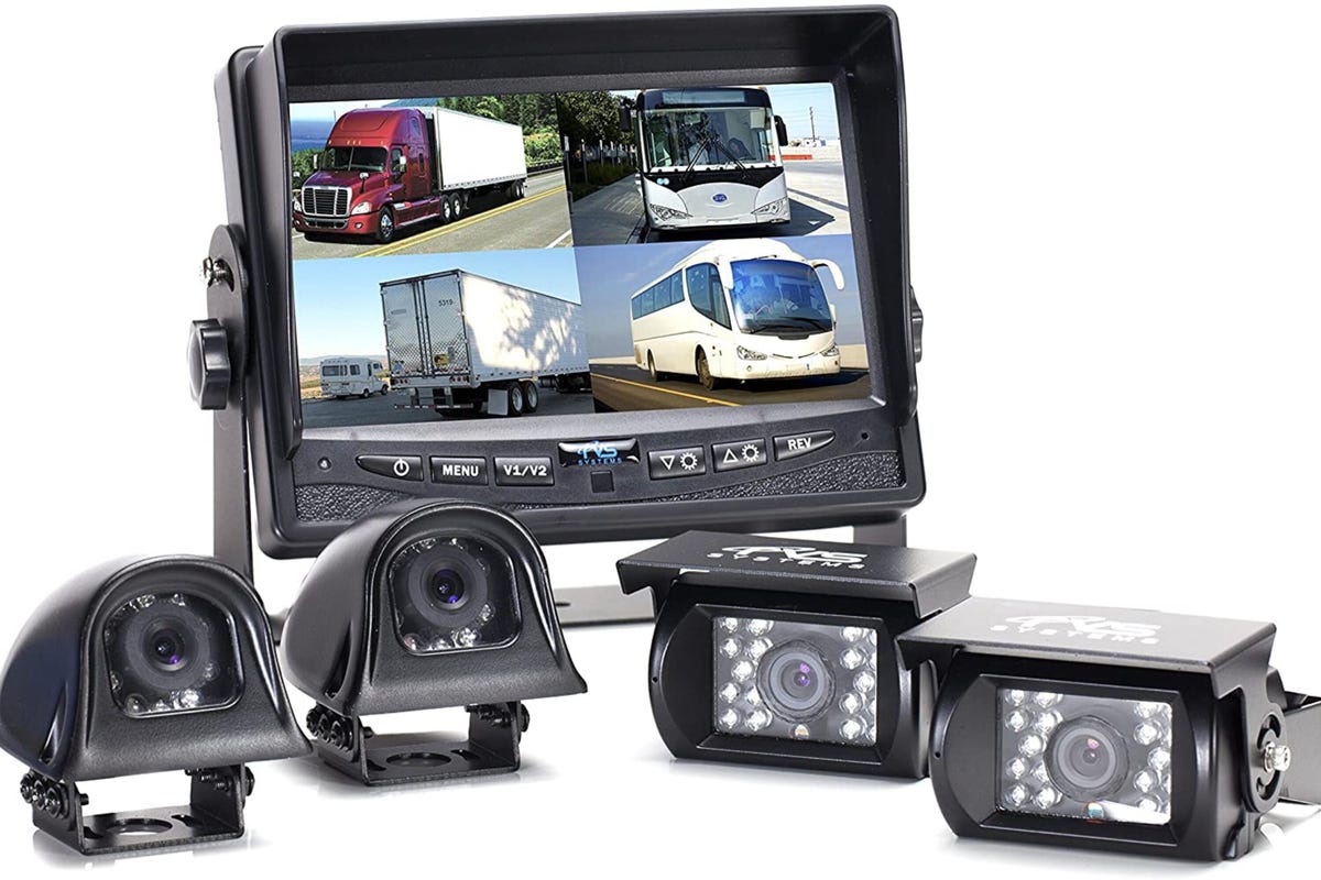 Four rearview cameras, two of which are equipped with LED lights, and a monitor for the RVS-062710 backup camera system.