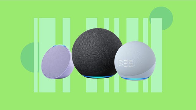 Echo smart speakers, including the Echo, Echo Dot and Echo Pop, are displayed against a green background.