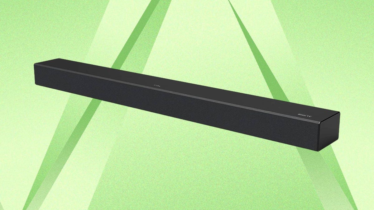 The  TCL Alto R1 wireless 2.0 channel sound bar for Roku TV is displayed against a green background.