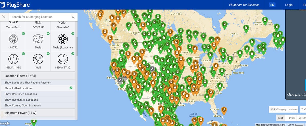 Mapa PlugShare de estaciones de carga para vehículos eléctricos en EE. UU.