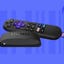 Roku streaming device and remote control on a blue/purple background.
