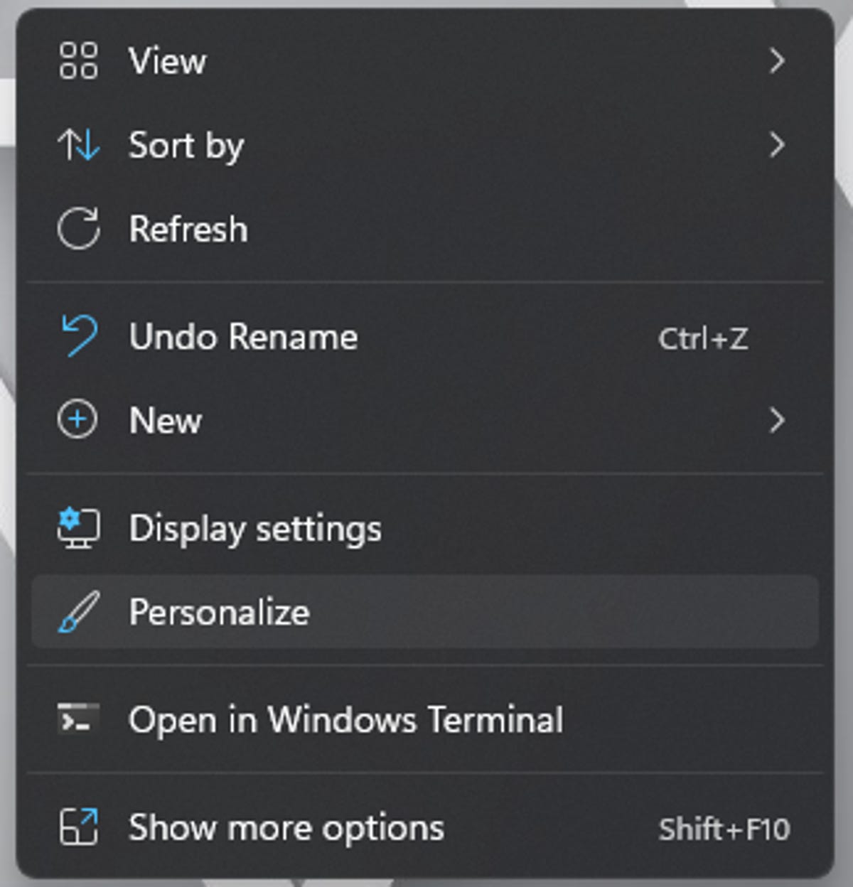 Desktop options menu