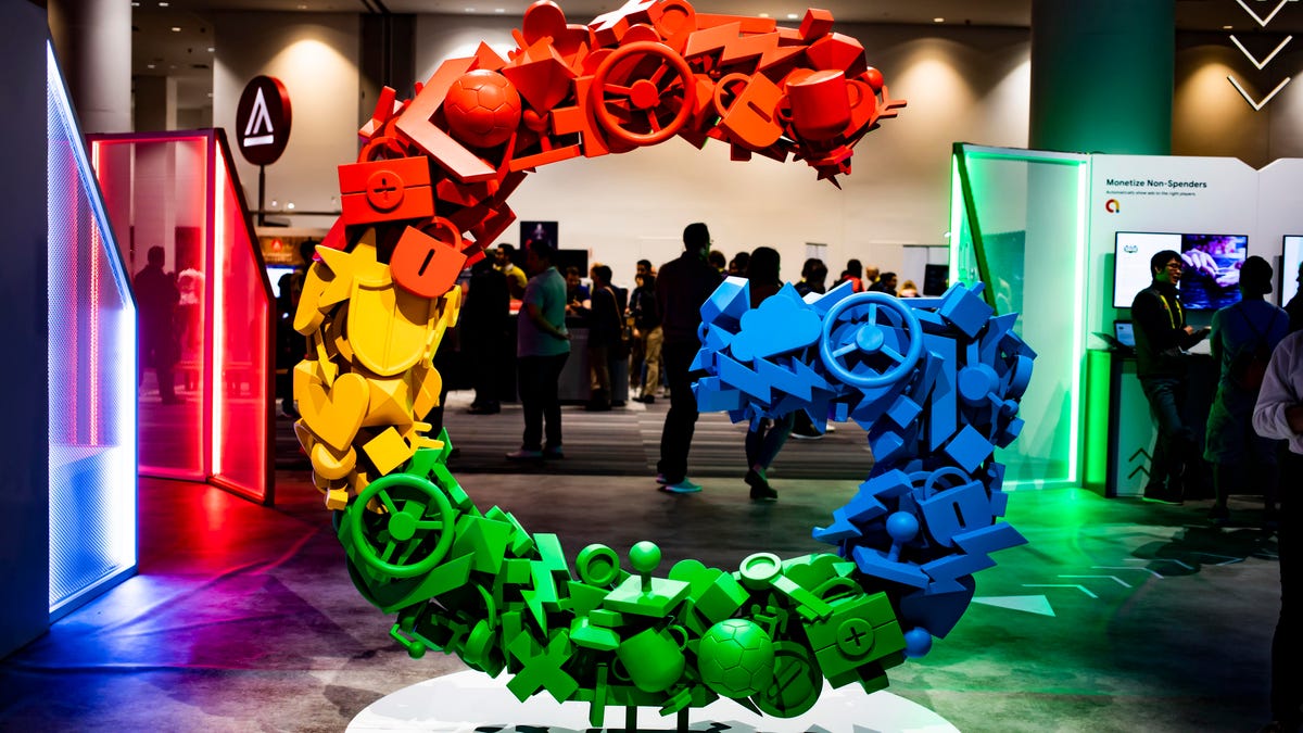 A sculpture of the Google G logo made of colorful plastic parts
