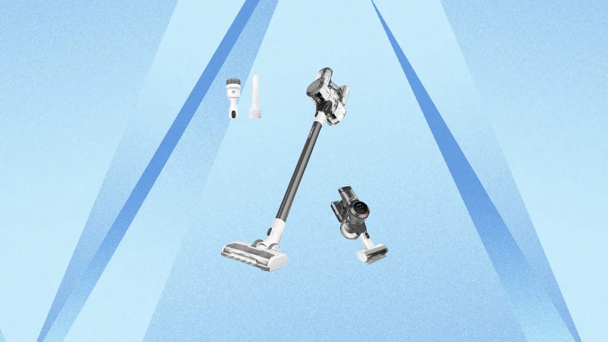 Tineco Vacuum and parts against blue background
