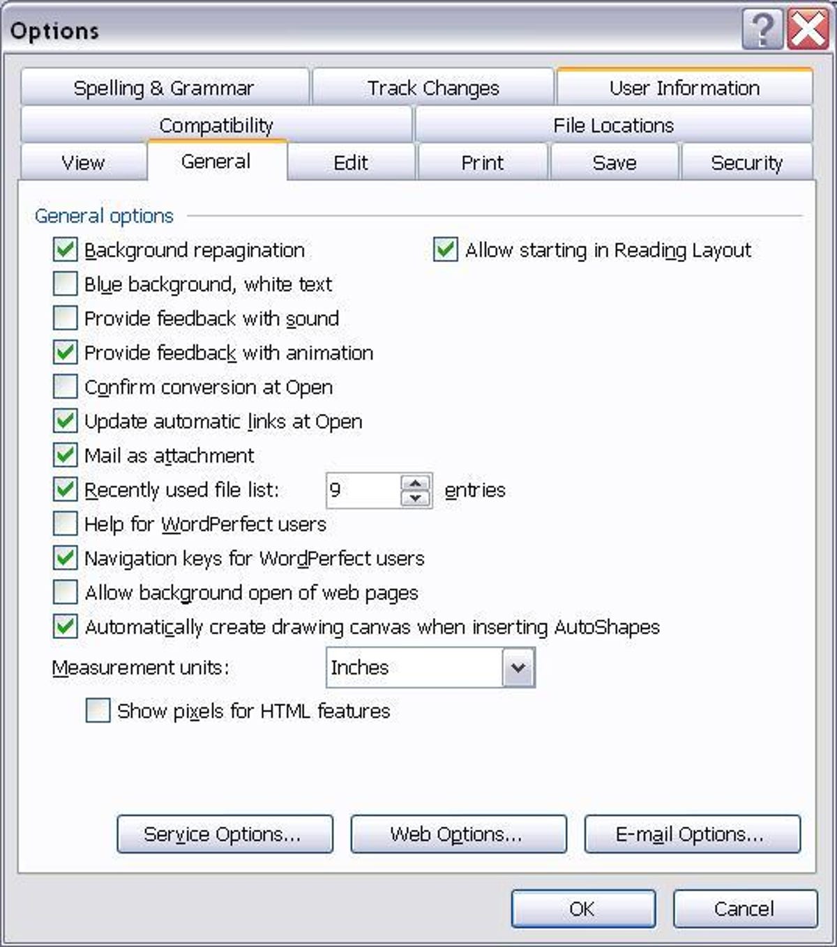 Microsoft Word 2003 option for changing the number of recently opened files shown on the File menu