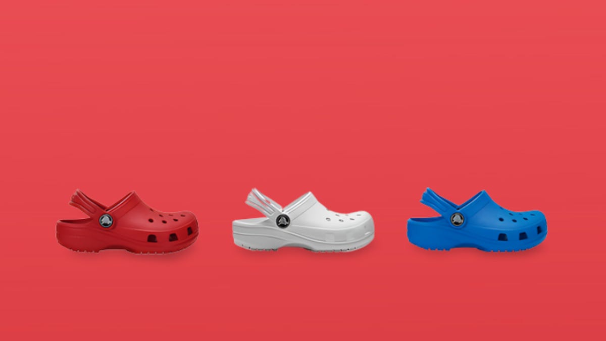 Three Crocs shoes in red, white and blue
