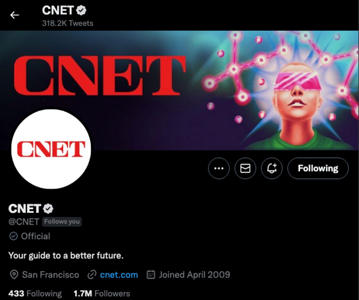 Screenshot of CNET Twitter account with gray 
