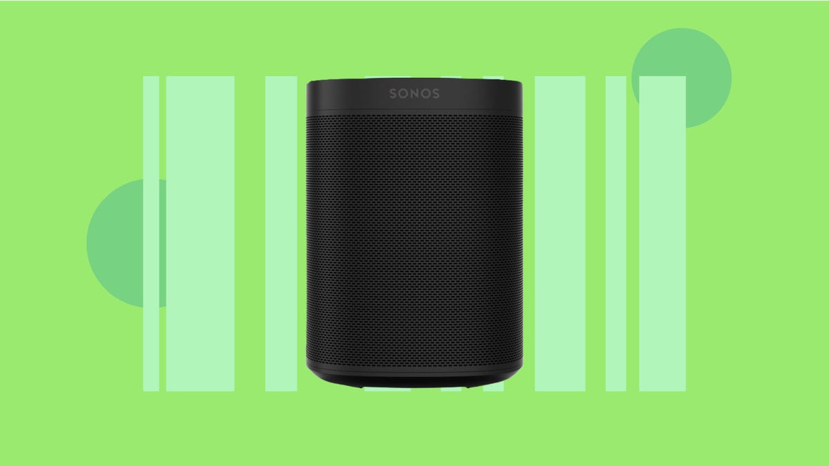 The Sonos One (Gen 2) smart speaker is displayed against a green background.