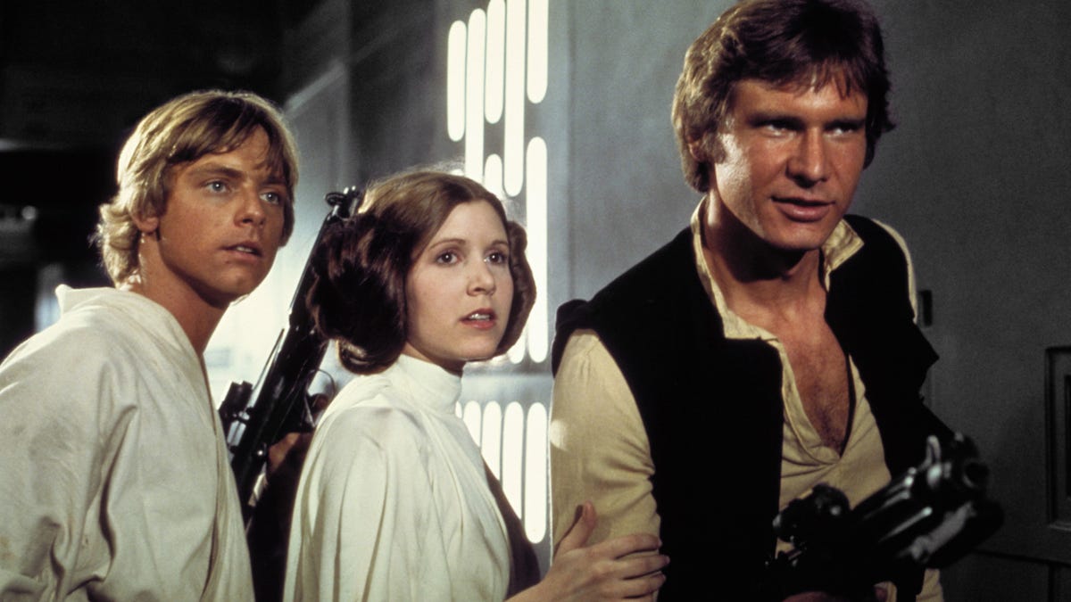 Well-known still from Star Wars showing Luke, Leia and Han on the Death Star.
