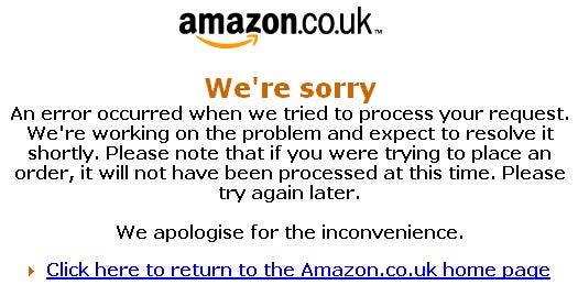 Pages on Amazon's U.S. and U.K. Web sites intermittently showed an error message like this Monday, as well as one saying Http/1.1 Service Unavailable.