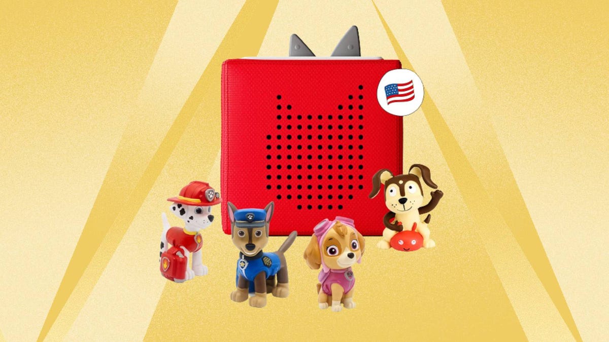 The Paw Patrol Toniebox Audio Player starter set is displayed against a yellow background.