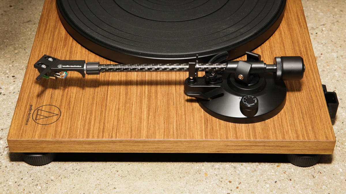 A close up shot of a Audio-Technica record player.