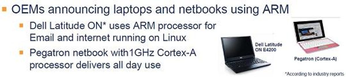 ARM slide indicating Linux running on ARM processor in Dell laptops