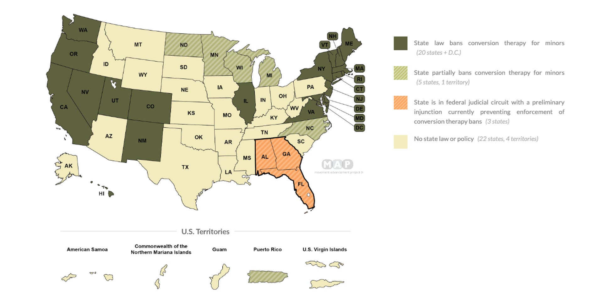 Map of states and territories with laws banning LGBTQ conversion therapy