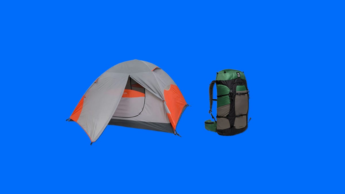 A tent and a backpack on a blue background