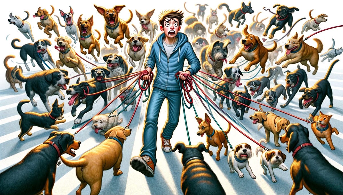 An AI-generated image of an overwhelmed dog walker surrounded by dozens of dogs, a few of them with anatomical problems caused by the AI