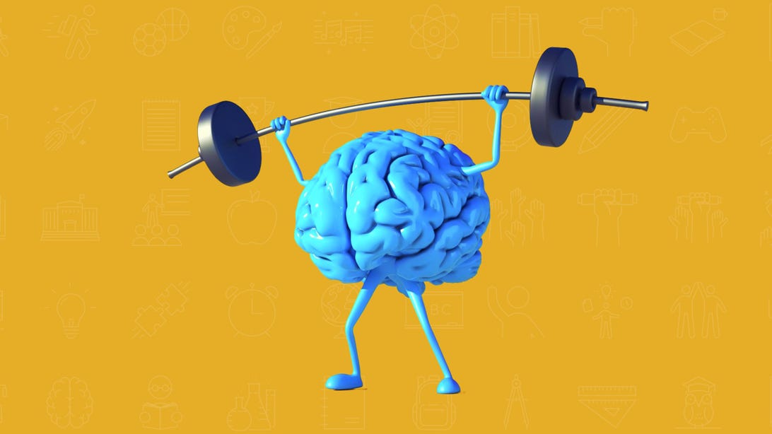 Cramwise logo, a blue brain with arms and legs holding up a barbell