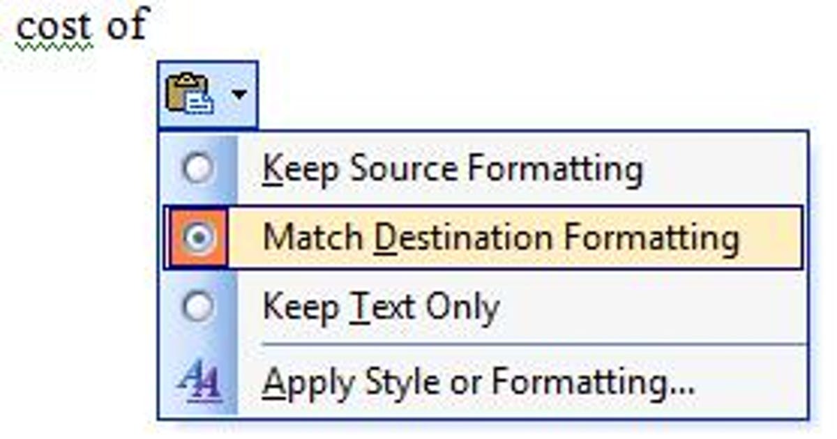 Microsoft Word 2003 Paste Options button