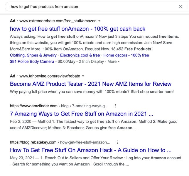 A list of ads and search results from Google offering information on how to break Amazon's rules on reviews.