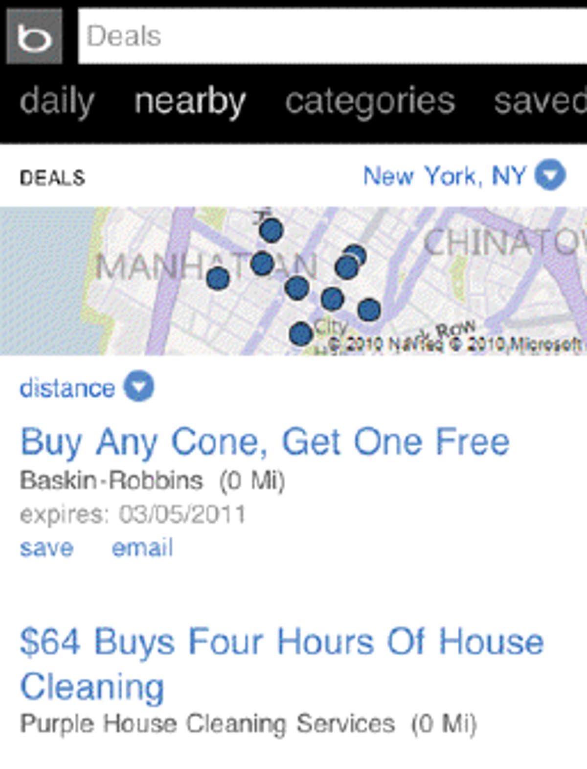 Bing's new deal finder can narrow down its list of deals by user location, taken from a mobile phone.