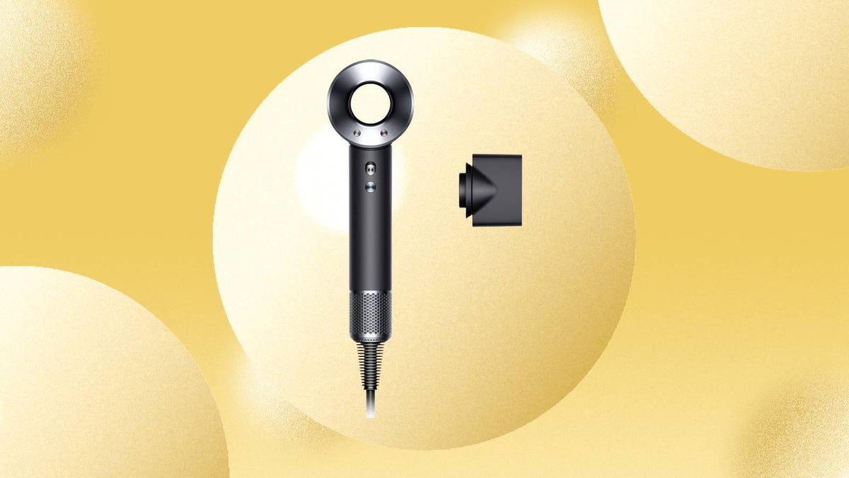 The Dyson Supersonic Hair Dryer is displayed against a yellow background.